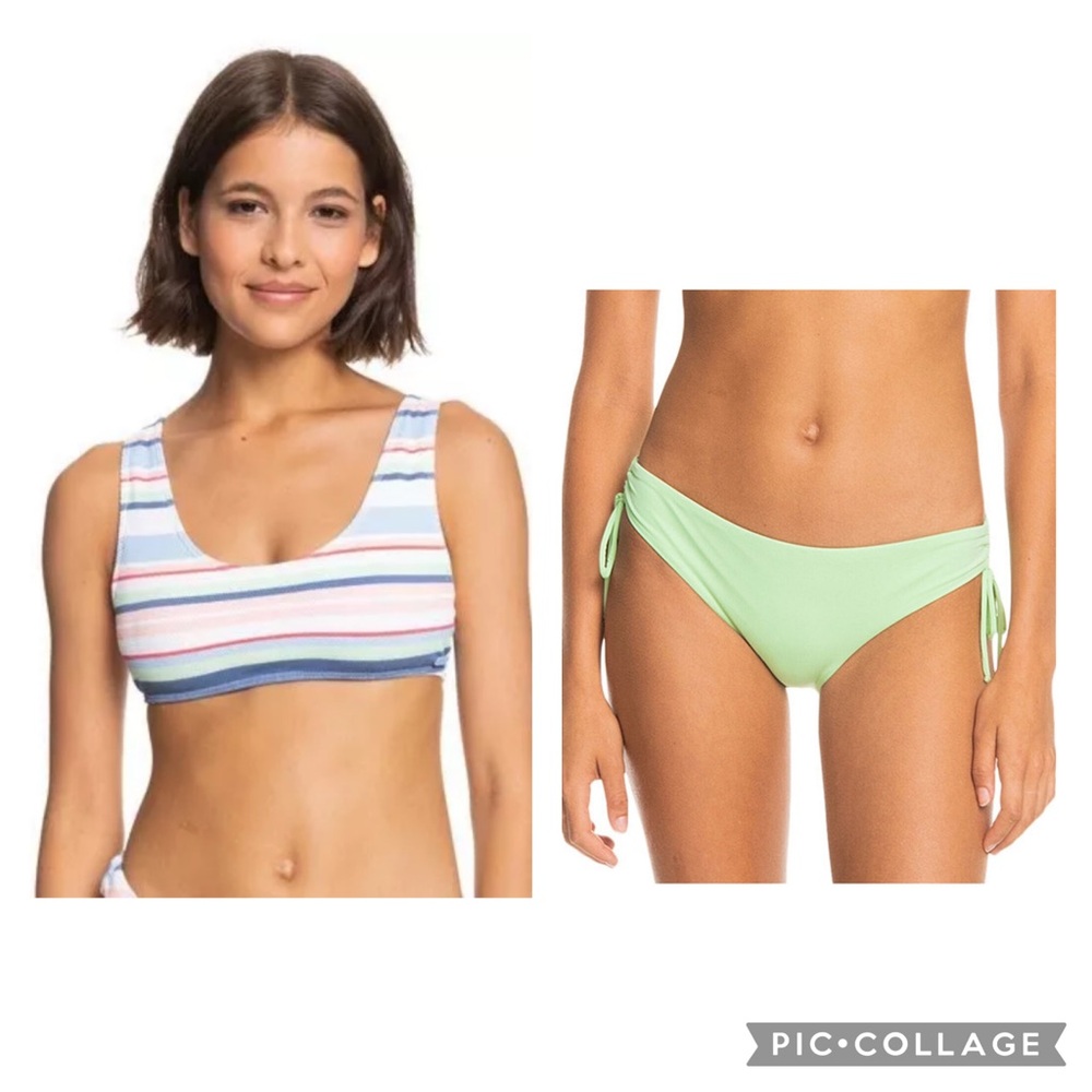 •ROXY•MULTI-COLOR LINE UP STRIPE BRALETTE BIKINI TOP AND MINT GREEN BOTTOM LARGE